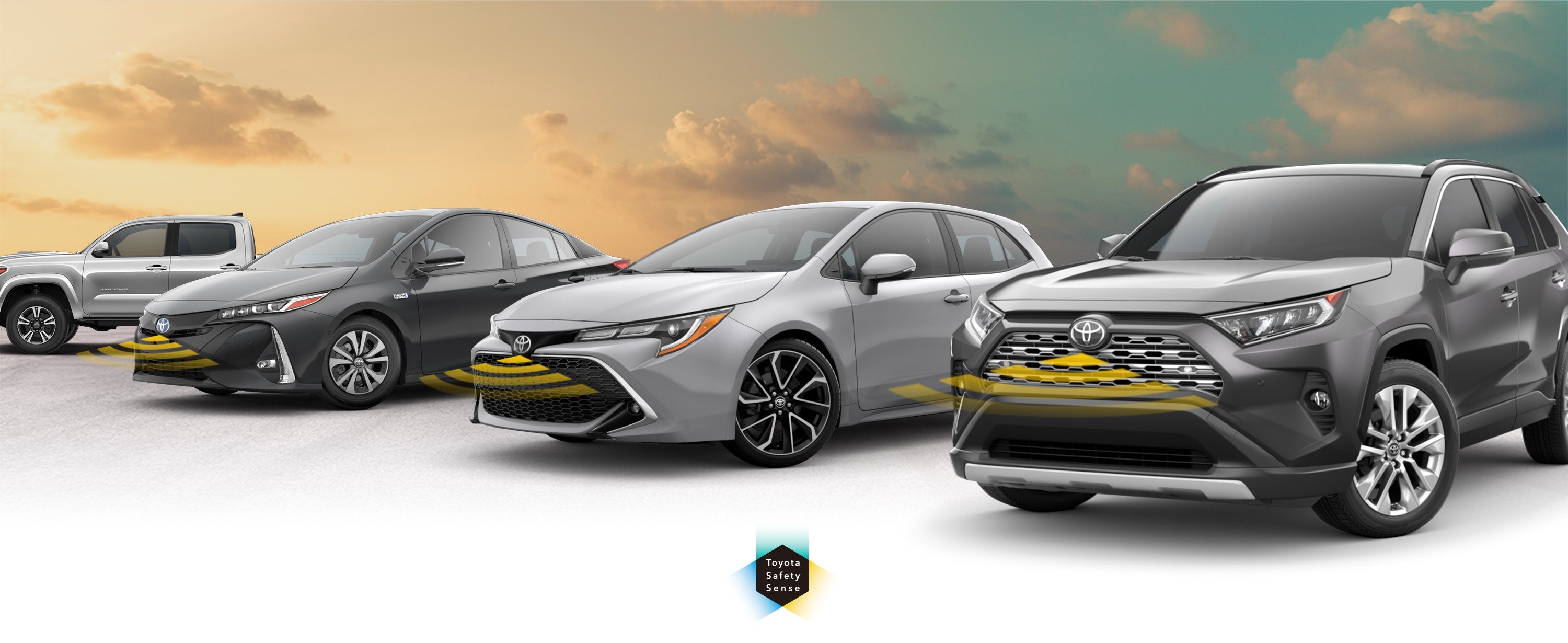 Toyota Safety Sense: Designed for Safety. Options shown on Toyota models including RAV4, Tacoma, and Camry, available now at Cobb County Toyota in Kennesaw GA.