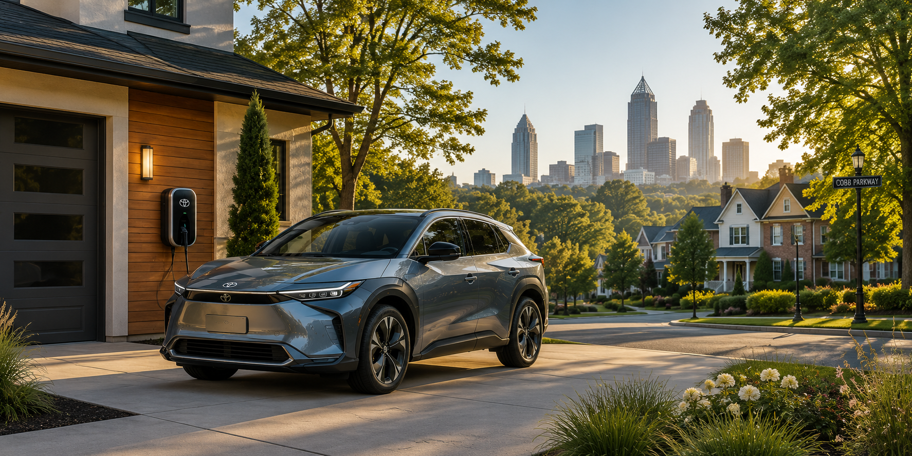 Toyota electric vehicle charging at a modern Georgia home with city skyline in the distance