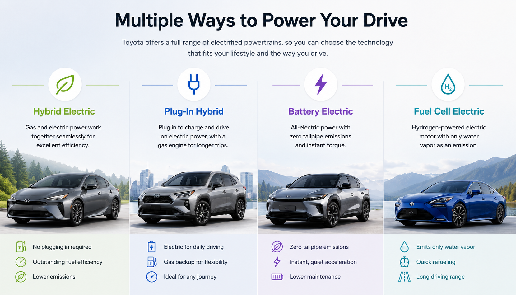 Toyota electrified vehicle options including Hybrid Electric, Plug-In Hybrid, Battery Electric and Fuel Cell Electric vehicles